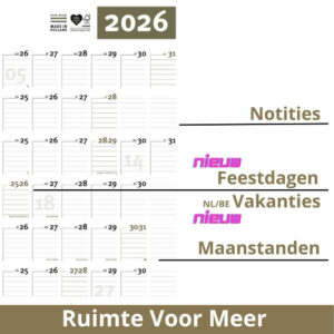 Jaarplanner 2026 met Nederlandse en Belgische feestdagen, maanstanden, zeven schrijfregels en ruimte voor extra notities