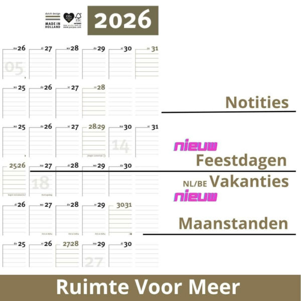 Jaarplanner 2026 met Nederlandse en Belgische feestdagen, maanstanden, zeven schrijfregels en ruimte voor extra notities