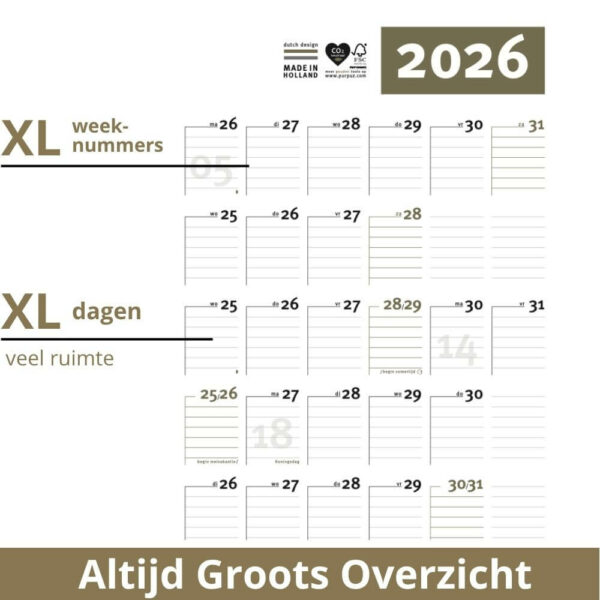 Het unieke design van de planner zorgt dat je ruimte hebt om de dagen. Zo zo je beter wat wat is, heb je meer overzicht dan op alle andere 365 vakjes planners op die er op de markt zijn. Hoe hebben we dit bereikt? Door het weekend samen te trekken, want daar gebeurd vaak minder werk. Zo heb je XL dagen met XL weeknummers