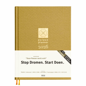 Cover Gouden Purpuz Planner 2026 met op de banderol de tekst "Stop Dromen. Start Doen." - een stijlvolle agenda en life coach in één, ontworpen om je doelen te bereiken.