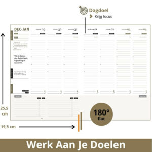 Een openliggende Purpuz Planner 2026 met een overzichtelijke weekindeling, ruimte voor doelen, to-do's en reflectie. Ideaal voor het plannen en behalen van je doelen. Wat de planner bijzonder maakt is dat hij komt met ruimte voor weekdoelen, een check-in voor werk en privé, een inspirerende challenge met quote en opdracht, en een structuur van planning, actie en reflectie. Ideaal om elke dag positief af te sluiten. Zo zet je iedere dag een stapje naar een beter leven. Moet je kijken waar je naar 365 dagen bent